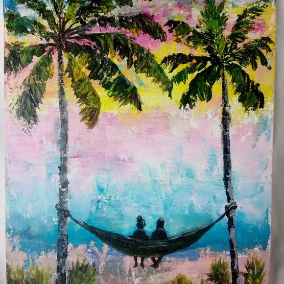 Original Acrylic Painting Couple on Hammock Pam Trees 11X14 Canvas Coastal Art